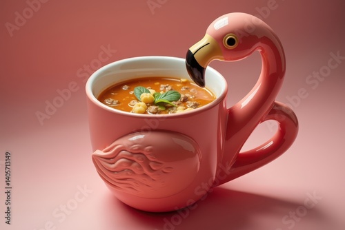 Obraz na płótnie Flamingo mug with tomato soup pasta on pink background w salonie