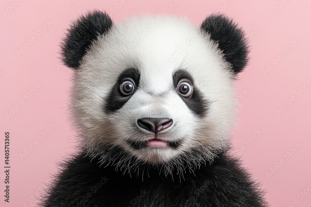 Cute panda cub with expressive eyes and fluffy fur against a pink background creating an adorable visual moment Cute panda cub with expressive eyes and fluffy fur against a pink background creating an adorable visual moment