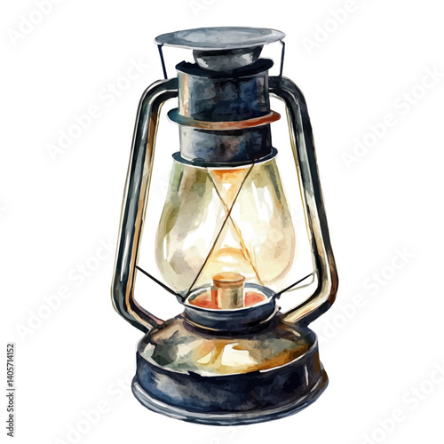 watercolor of Vintage Kerosene Lamp With Chimney, vector, isolated on a white background.