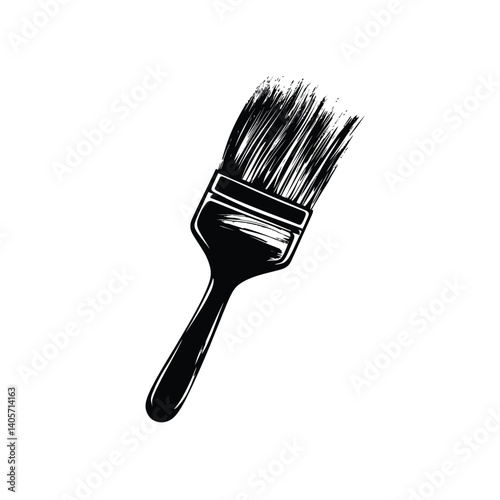Flat Paintbrush Icon with Bristles and Handle on Transparent Background