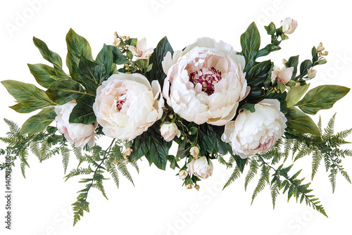 Elegant floral arrangement featuring white peonies nestled amongst lush green foliage