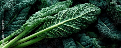 Close-up of a bunch of organically grown kale, highlighting its deep green color and texture - Plant-based Harvest Wholesome Macro Leafy