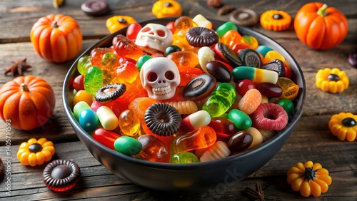Colorful Halloween candies of orange, yellow, and green sweets in a glass bowl