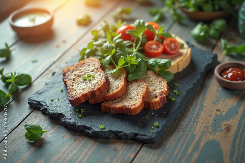 Rustic sandwich platter with fresh tomatoes herbs