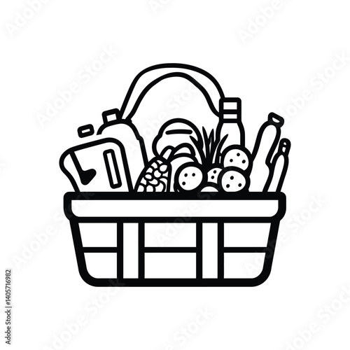 Groceries Basket Outline Icon with Fruits, Vegetables, and Bottle on Transparent