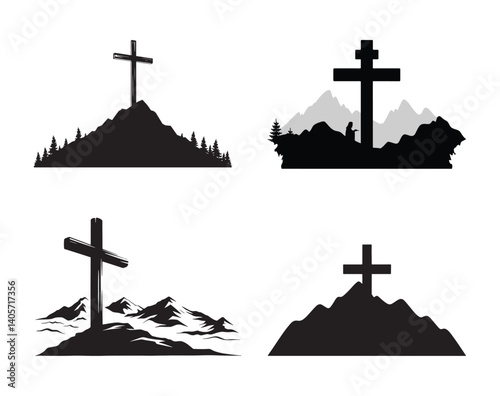 Good friday set of corss symbol on mountain silhouette vector on white background