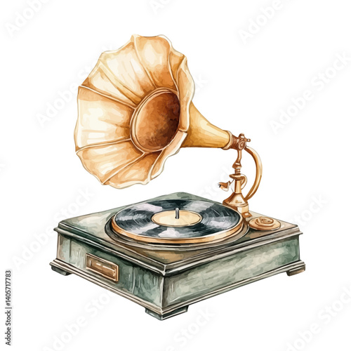 illustration of Vintage Gramophone With A Golden Horn, watercolor vector, isolated on a white background.