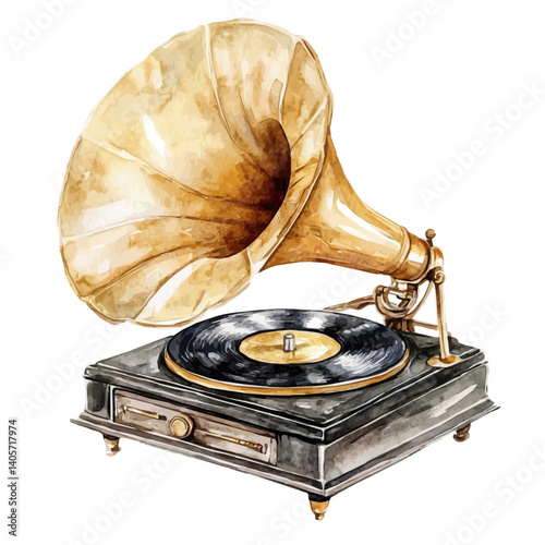 Vintage Gramophone With A Golden Horn, vector watercolor illustration, isolated on a white background.