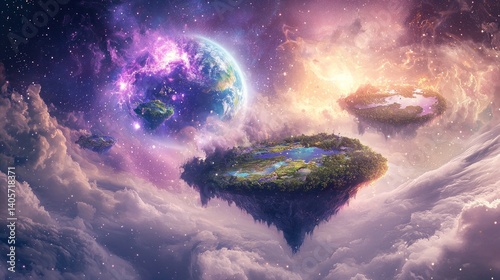 Cosmic Isles: A Celestial Landscape of Floating Islands and a Vibrant Earth