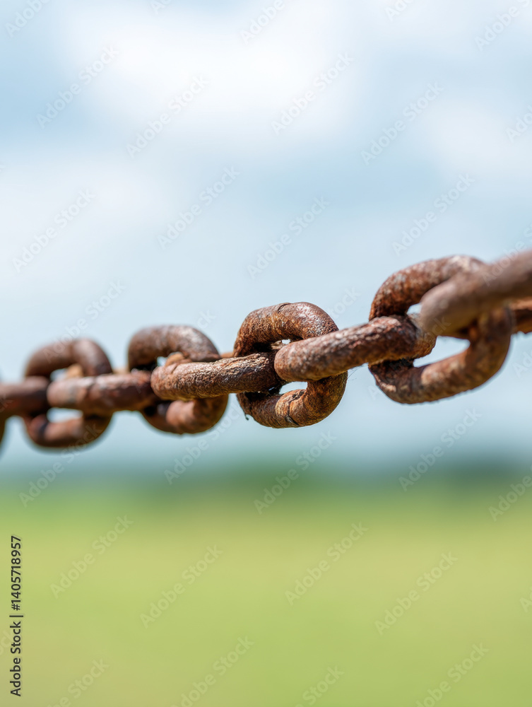 Rusty Metal Chain: Close-up of weathered metal links against a blurred green and blue backdrop Rusty Metal Chain: Close-up of weathered metal links against a blurred green and blue backdrop
