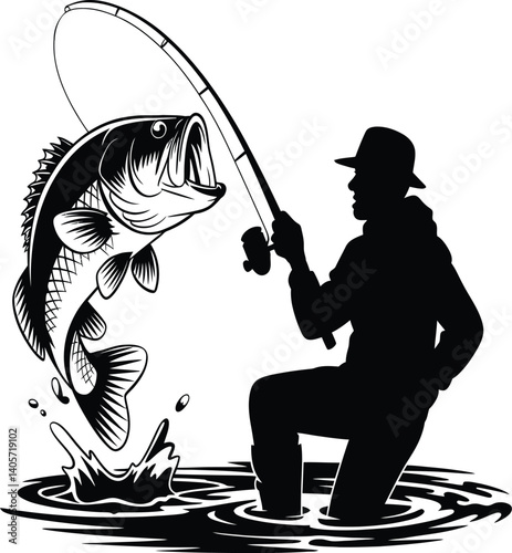 A black and white silhouette illustration of a dynamic fishing scene. A large jumping largemouth bass is depicted in dramatic motion