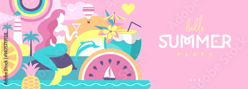 Hello Summer flat poster or banner with mermaid, cocktails, dolphin, tropic fruits and rainbow. Vector illustration