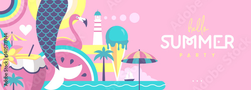 Hello Summer flat poster or banner with mermaid, cocktail, watermelon, flamingo and rainbow. Vector illustration