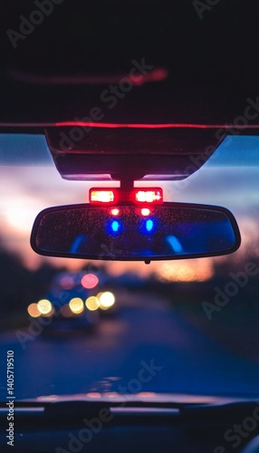 Obraz na płótnie Reflecting on law enforcement a rearview mirror showcasing police lights and their impact w salonie