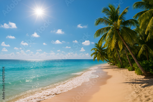 Beautiful Tropical Beach with Palm Trees and Crystal Clear Water
