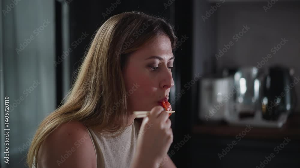 Side view of young woman eating piece of meat with chopsticks, seated indoors with softly blurred kitchen background featuring indistinct appliances Side view of young woman eating piece of meat with chopsticks, seated indoors with softly blurred kitchen background featuring indistinct appliances