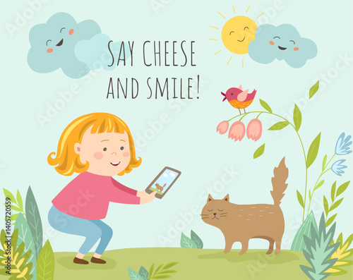 Cute cartoon little girl takes a picture of cat