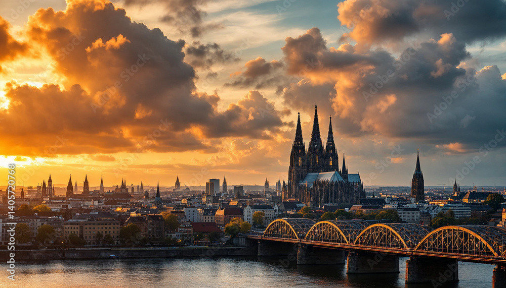 Fototapeta premium Sunset over Cologne with the Cathedral and Hohenzollern Bridge illuminated by warm colors