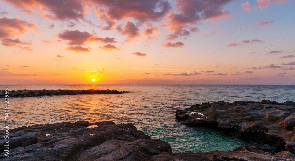 Naklejka premium Stunning coastal sunset with glowing clouds and vivid ocean reflections — perfect for travel, nature, relaxation, and inspirational visuals in both print and digital use.