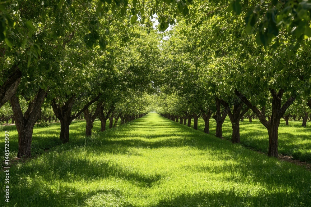 Fototapeta premium Lush Walnut Orchard in Spring: A Scenic Perspective of California's Green Fruit Farm