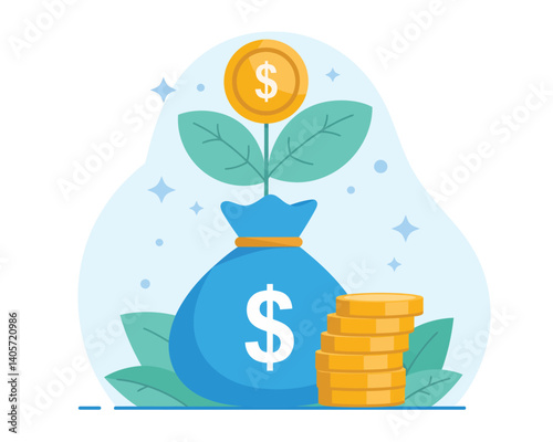 Flat Illustration of Financial Growth with Money Plant Coin Stack Dollar Symbol Blue Bag Green Leaves Pastel Colors Metaphor for Investment Wealth Accumulation and Economic Prosperity
