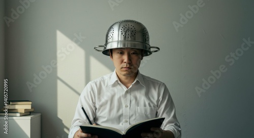Man with colander on head writing