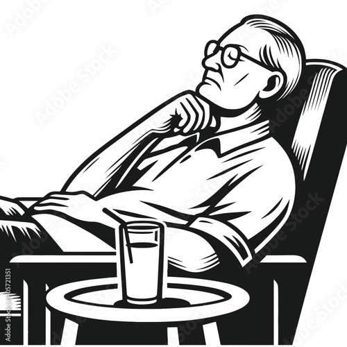 Retiree enjoying quiet life, relaxing in a chair with a drink  