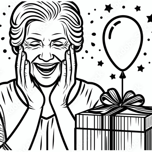 Elderly woman smiling at surprise party with presents and balloons  