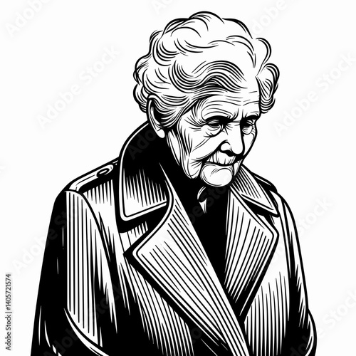 elderly woman in old coat, feeling contemplative, standing alone, in monochrome  
