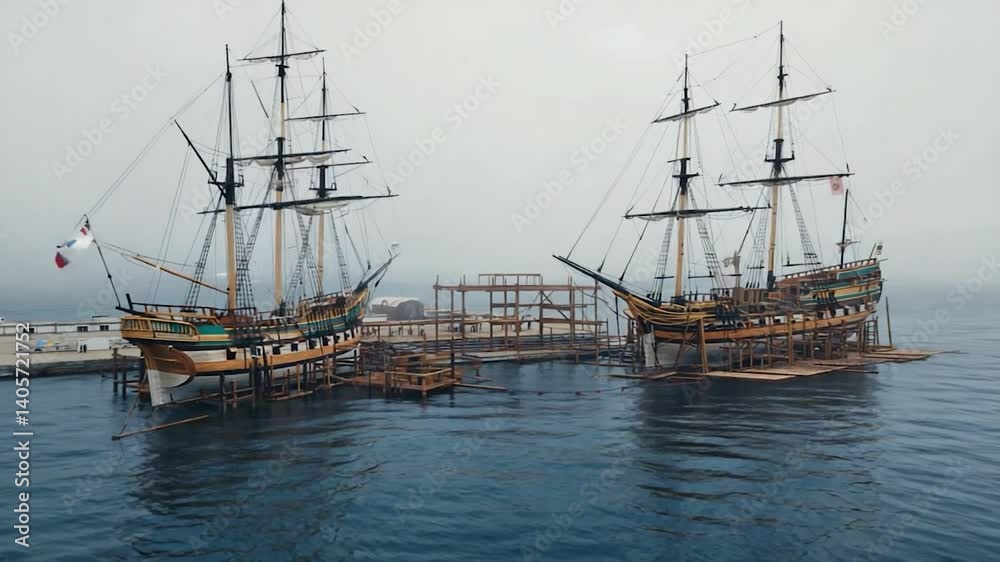 Historic ships under repair in foggy harbor. Potential use Stock photo Historic ships under repair in foggy harbor. Potential use Stock photo