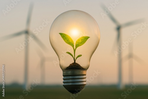 A glowing light bulb with a small green plant growing inside. symbolic eco-friendly energy concept.