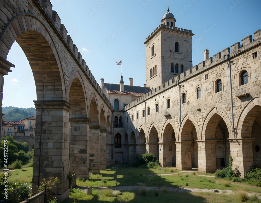 Fototapeta premium Exploring Arched Stone Walkway and Tower in Historic Courtyard Setting