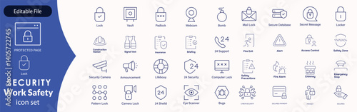 Work Safety editable stroke outline web icons set. Safety first, hazard, protection, health, insurance, regulations, helmet and work. Vector illustration