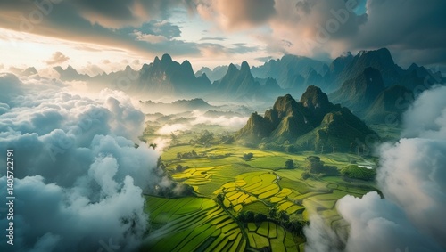Aerial Dreamscape of Lush Rice Fields and Majestic Mountains at Sunrise