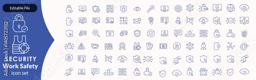 Work Safety editable stroke outline web icons set. Safety first, hazard, protection, health, insurance, regulations, helmet and work. Vector illustration