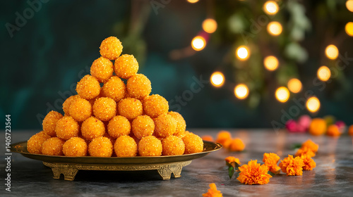 Delightful indian motichoor ladoos arranged in a vibrant display during a festive celebration at dusk