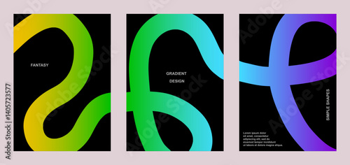 Abstract wave line poster background. Set cover card with color transition wavy lines. Modern gradient texture. Banner, cover, wallpaper pattern - vector
