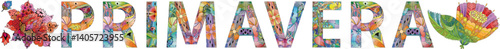 The word SPRING in Spanish. Colorful day of the week card.