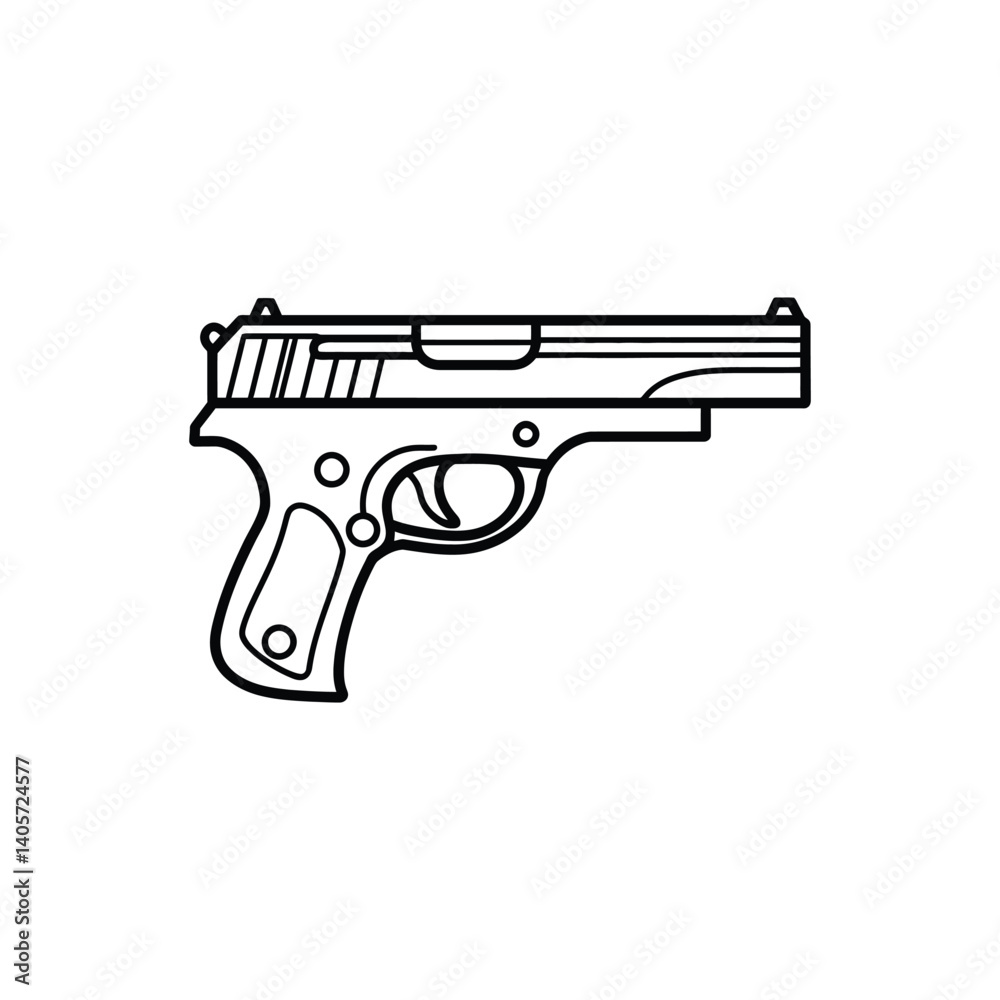 Isolated Outline Drawing of a Handgun on Transparent Background and White Fill Isolated Outline Drawing of a Handgun on Transparent Background and White Fill