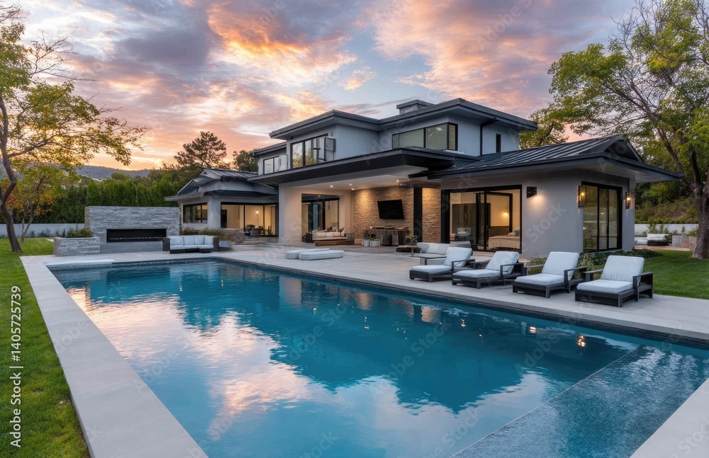 a modern house with a pool in front, beautiful landscaping, and outdoor seating around the pool area a modern house with a pool in front, beautiful landscaping, and outdoor seating around the pool area