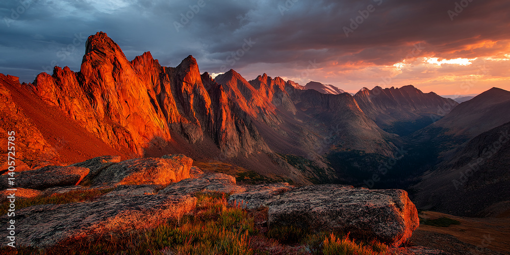 Naklejka premium Majestic mountain range at sunset, illuminated in warm orange hues, showcasing rugged peaks and valleys, representing adventure, nature's grandeur, and serenity