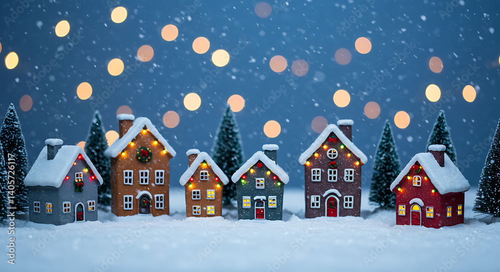 Fototapeta premium Enchanted Winter Village: Festive Lights & Snowfall AI Generated