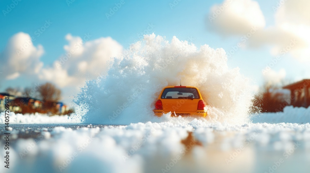 A yellow taxi splashes through a flooded street during a sunny day after heavy rain