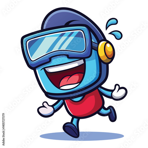 Excited cartoon character in goggles and swimsuit, running and laughing