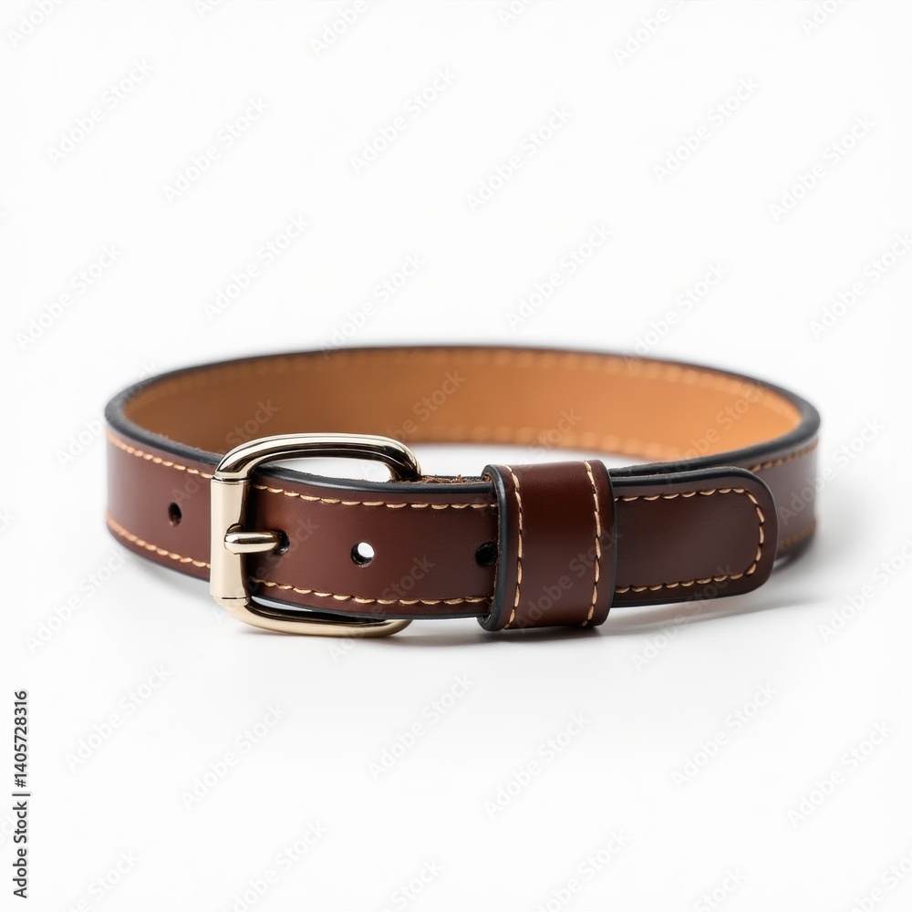 A classic brown leather pet collar with a shiny metal buckle isolated on a clean white background, representing style and functionality for pets. A classic brown leather pet collar with a shiny metal buckle isolated on a clean white background, representing style and functionality for pets.