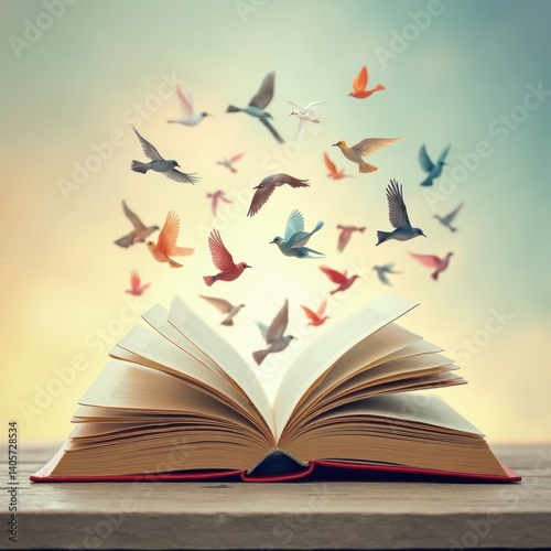 An open book with its pages transforming into colorful birds, symbolizing freedom and imagination for World Book Day