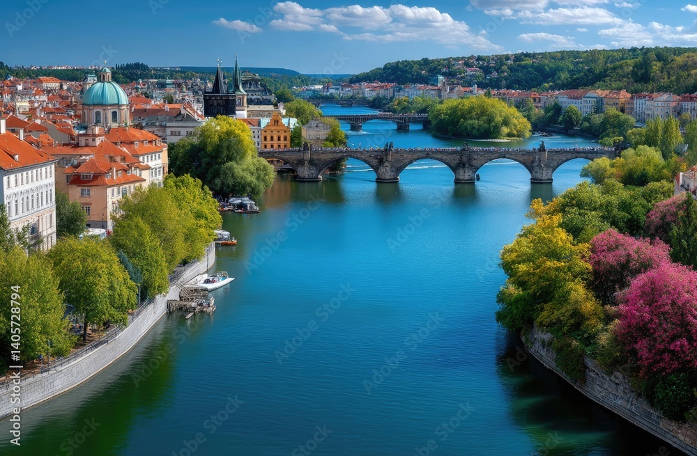 Obraz premium Panoramic view of Prague city with Charles Bridge, colorful buildings, and bridges over the River.