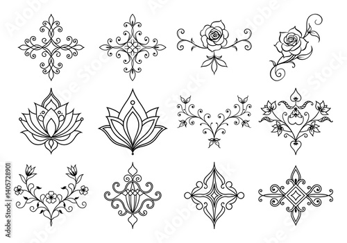 Unique floral divider terms element set of general and specific on white background