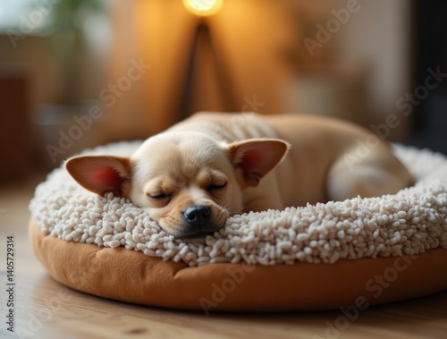 A small dog curled up and sleeping peacefully in a fluffy donut-shaped pet bed, surrounded by a cozy home interior with soft warm lighting. photo