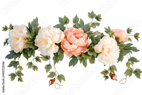Elegant floral arrangement with peonies in varying shades and lush green foliage, on a transparent background